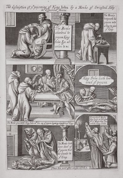 Beskrivningen av förgiftningen av kung John av en munk från Swinstead Abbey i Lincolnshire, illustration från Acts and Monuments av John Foxe, nionde upplagan, pub. 1684 av English School