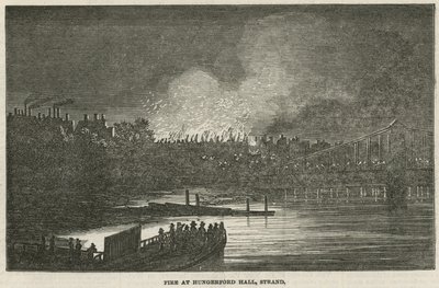 Brandförstörelsen av Hungerford Hall, Strand, London av English School