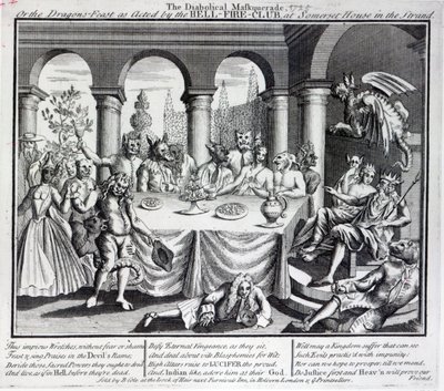 Den djävulska maskeraden, eller drakfesten som agerad av Hell-Fire-Club, i Somerset House i Strand, ca 1721 av English School
