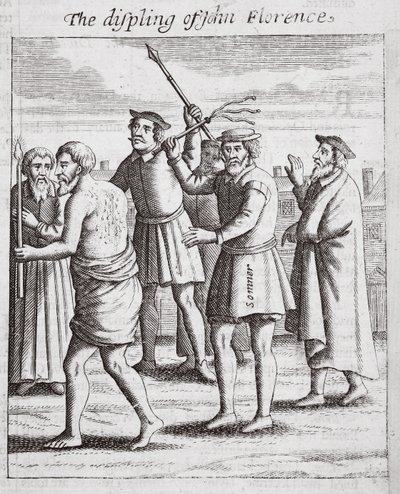 Displing av John Florence, illustration från Acts and Monuments av John Foxe, nionde upplagan, pub. 1684 av English School