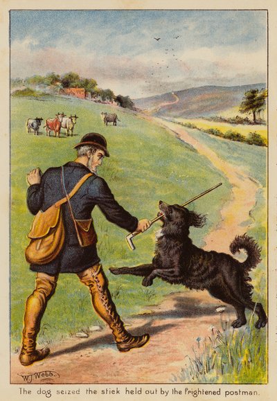 Hunden tog tag i pinnen som den skrämde brevbäraren sträckte fram (färglitografi) av English School