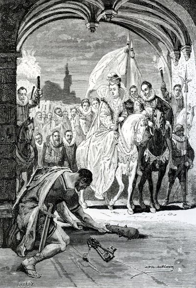 Drottning Elizabeths entré vid Kenilworth Castle, 1800-talet av English School