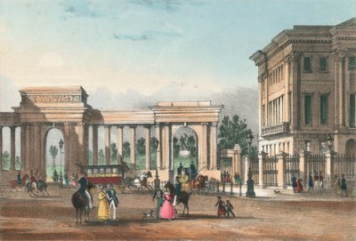 Ingången till Hyde Park från Piccadilly med West Wing of Apsley House av English School