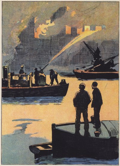 Brandkåren på jobbet vid floden (färg litho) av English School