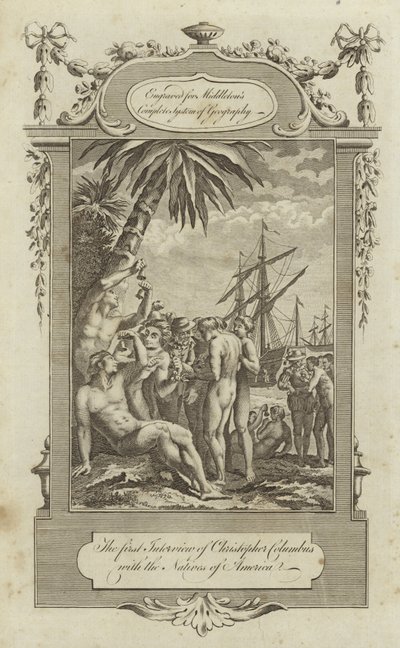 Den första intervjun av Christopher Columbus med de infödda i Amerika av English School