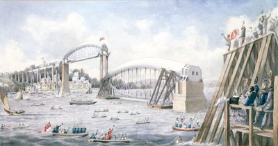 Flytningen av det sista spannet av Royal Albert Bridge, Saltash (wc på papper) av English School