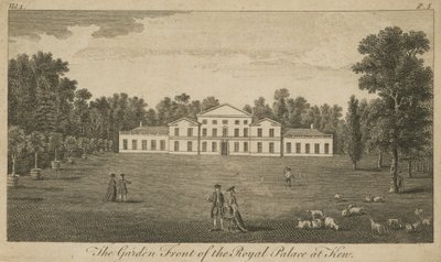 Trädgårdsfronten av det kungliga palatset i Kew, London av English School