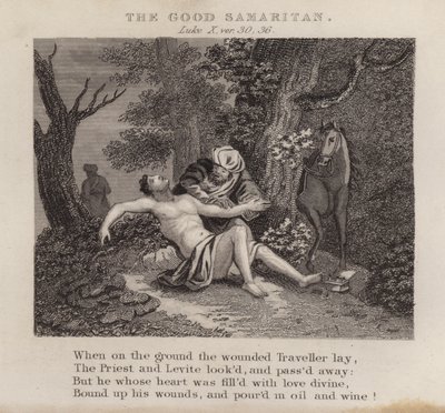 Den barmhärtige samariten, Lukas X, ver 30, 36 (gravyr) av English School
