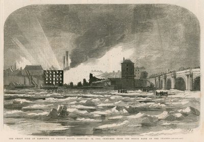 Den stora branden vid Bankside fredagskvällen den 14 februari 1855, skissad från Themsens norra strand av English School