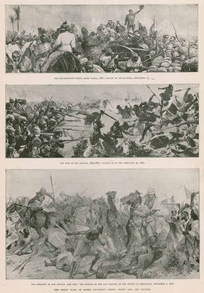 De stora krigen under drottning Victorias regeringstid: det anglo-egyptiska kriget (1882), Mahdistupproret (1883-1885) och den brittiska erövringen av Sudan (1896-1898) (fotogravyr) av English School