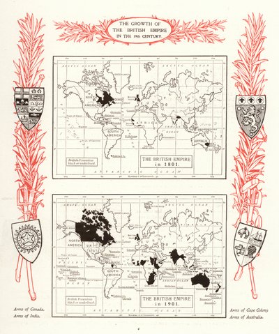 Tillväxten av det brittiska imperiet på 1800-talet (litho) av English School