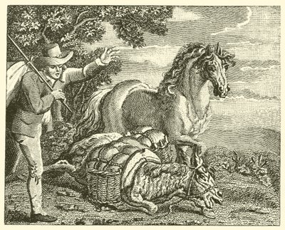 Hästen och den laddade åsnan (gravyr) av English School