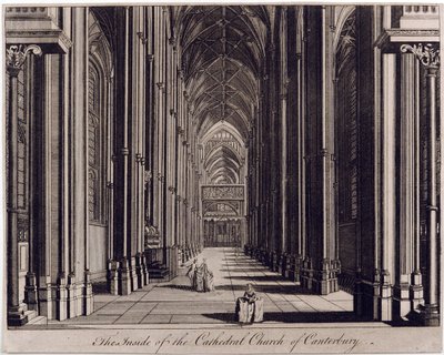 Insidan av Cathedral Church of Canterbury", med utsikt över långhuset, från västra änden, ca 1700-43 av English School
