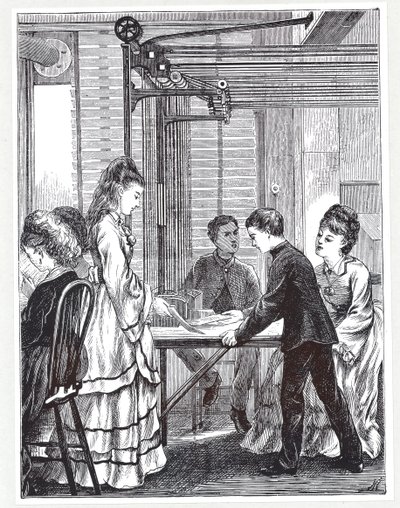 Instrumenten för att bära meddelanden vid Post Office Telegraph Headquarters, Telegraph Street, London, från The Graphic, 1871 av English School