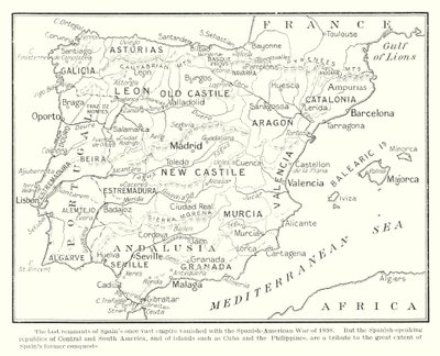 De sista resterna av Spaniens en gång så stora imperium försvann i och med det spansk-amerikanska kriget 1898 (litografi) av English School