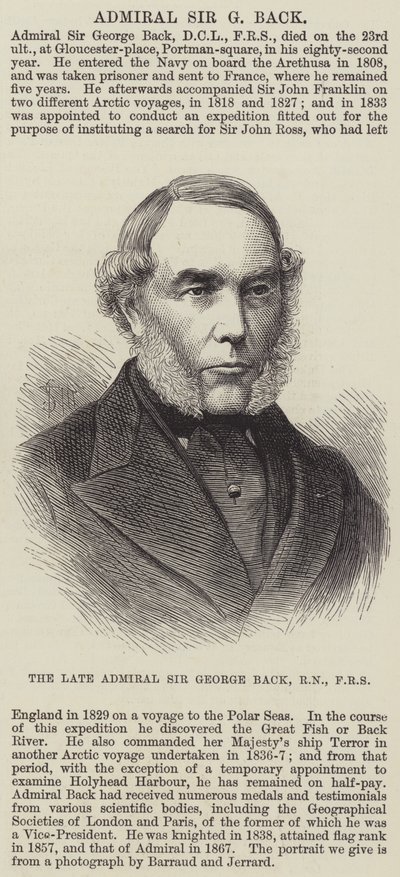 Den bortgångne amiralen Sir George Back, RN, FRS (gravyr) av English School