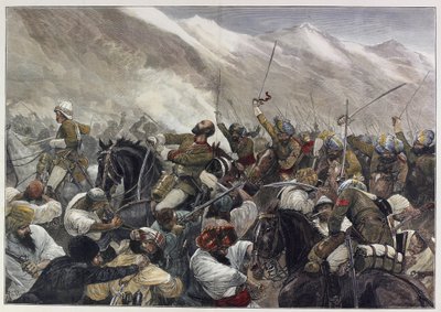 Det sena afghanska kriget: Major Wigram Battyes död i slaget vid Futtehabad 30 april (färgad gravyr) av English School