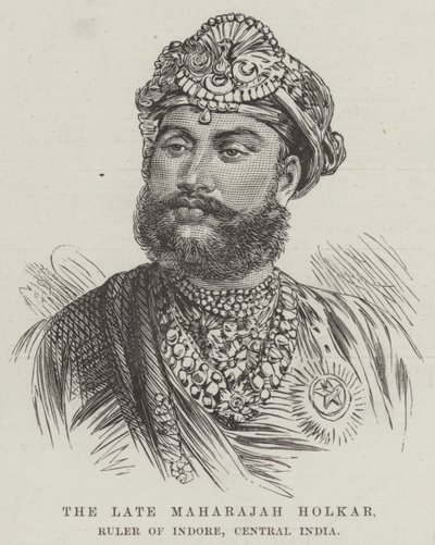 Den bortgångne Maharajah Holkar, härskare över Indore, Centrala Indien (gravyr) av English School