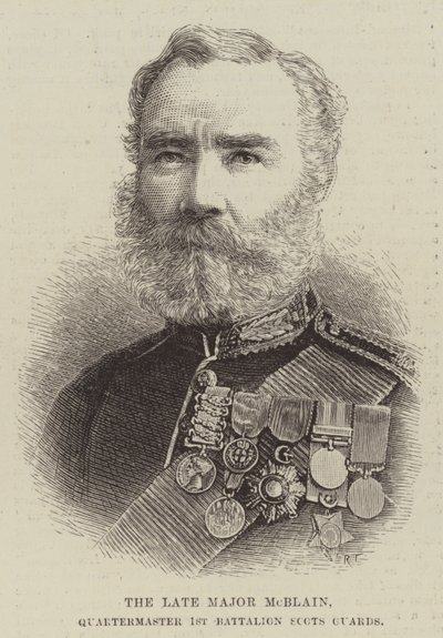 Den bortgångne major McBlain, kvartermästare 1:a bataljonen Scots Guards (gravyr) av English School