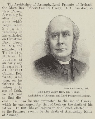 Den framlidne högste vördnad Dr Gregg, ärkebiskop av Armagh och Lord Primate of Ireland (gravyr) av English School