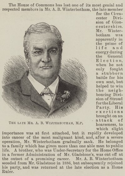 Den bortgångne Mr A B Winterbotham, MP (gravyr) av English School