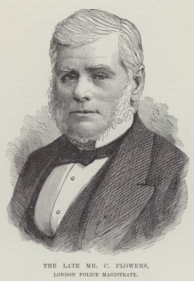 Den bortgångne Mr C Flowers, London Police Magistrate (gravyr) av English School