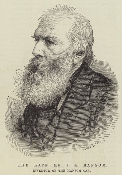 Den bortgångne Mr J A Hansom, uppfinnare av Hansom Cab (gravyr) av English School