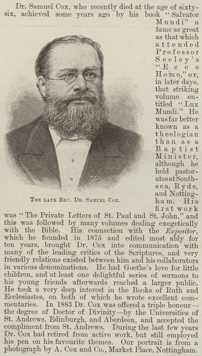Den avlidne pastor Dr Samuel Cox (gravyr) av English School