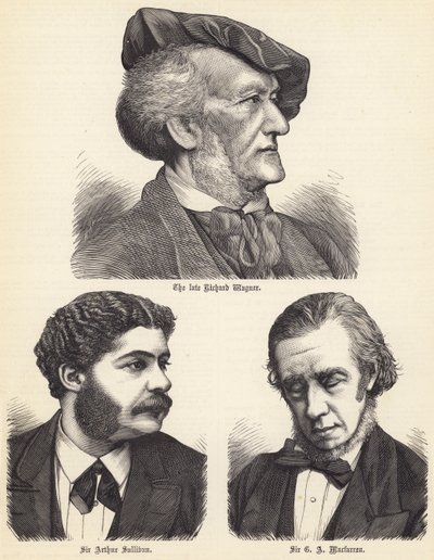 Den bortgångne Richard Wagner, Sir Arthur Sullivan, Sir GA Macfarren (gravyr) av English School