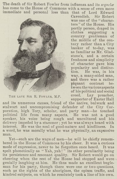 Den bortgångne Sir R Fowler, MP (gravyr) av English School