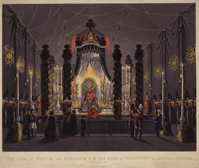 De liggande i tillståndet av kvarlevorna av F M The Duke of Wellington på Chelsea Hospital, november 1852 (färgad gravyr) av English School