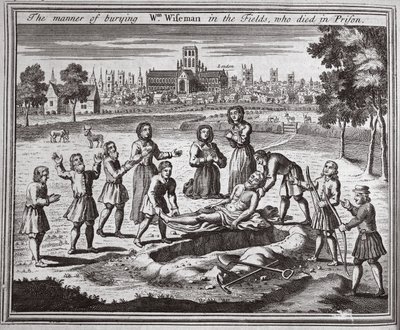 Sättet att begrava Wm Wiseman på fälten, som dog i fängelset, illustration från Foxes Martyrs c.1703 av English School