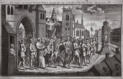 Sättet att bära Nicholas Burton genom staden Sevill till platsen för hans martyrskap, illustration från Foxes Martyrs c.1703 av English School