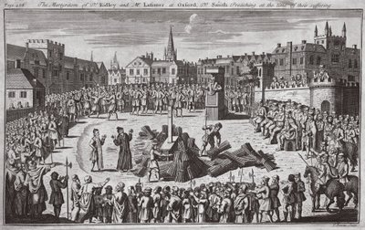 Dr Ridleys och Mr Latimers martyrskap i Oxford, Dr Smith predikade vid tiden för deras lidande, illustration från "Foxes Martyrs" ca 1703 (litografi) av English School