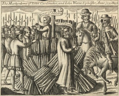 John Cardmakers och John Warnes, stoppningsmakare, martyrskap, 30 maj 1555 (gravyr) av English School