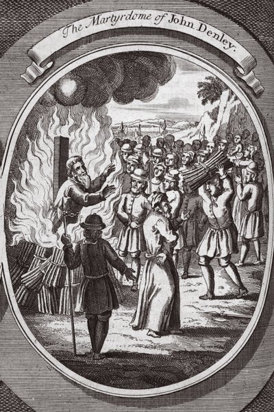 John Denleys martyrskap, illustration från "Foxes Martyrs" c.1703 (litho) av English School
