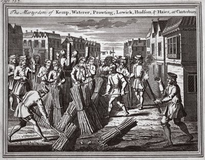 Kemp, Waterer, Prowting, Lowick, Hudson och Haies martyrskap i Canterbury, illustration från "Foxes Martyrs" ca 1703 (litografi) av English School