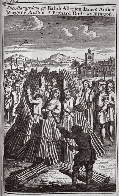 Ralph Allerton James Austoo, Margery Austoo och Richard Roths martyrskap i Islington, illustration från "Foxes Martyrs" ca 1703 (litografi) av English School