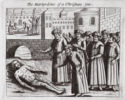 En kristen judes martyrskap, illustration från Acts and Monuments av John Foxe, nionde upplagan, pub. 1684 av English School