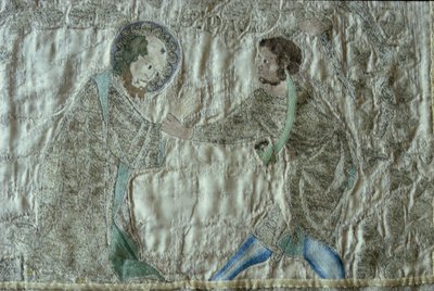 Ett helgons martyrskap, detalj från fronten av Steeple Aston Cope, ca 1340-talet (silverförgylld tråd och färgat siden på fawn sidenkypert) av English School