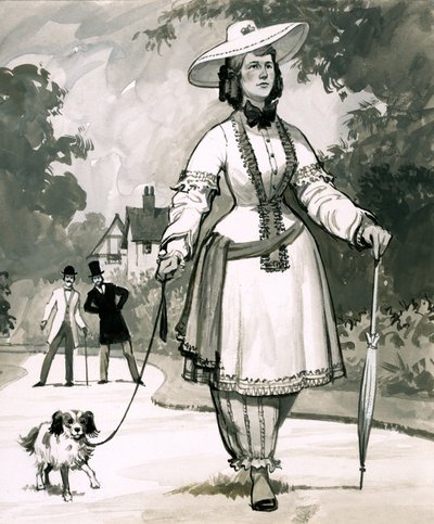 Det medelviktorianska modet för damer som bar bloomers uppfanns av Mrs Bloomer. av English School