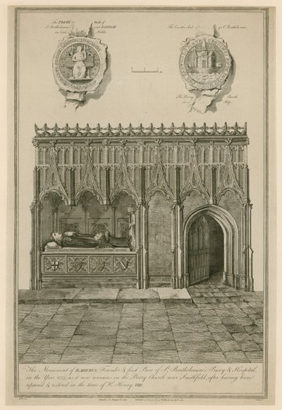Monumentet av Raherus, grundare och första prior av St Bartholomews Priory and Hospital år 1123 av English School