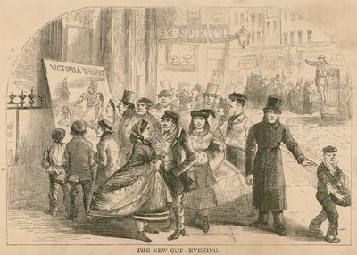 Det nya snittet - kväll; kläder och kostymer som bärs till Victoria Theatre, London av English School