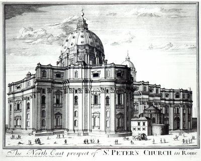 Den nordöstra utsikten av St. Peters Church, Rom, graverad av H. Hulfbergh av English School