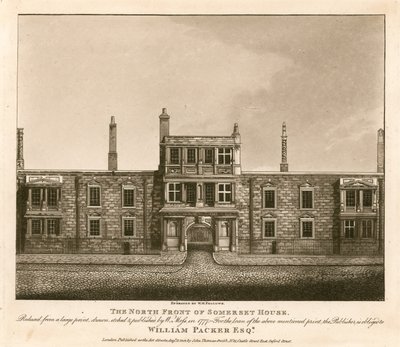 Norra fronten av Somerset House, The Strand, London, baserat på ett tryck ritat av W. Moss 1777 av English School