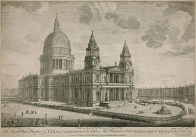 Den nordvästra utsikten av St Pauls Cathedral i London av English School
