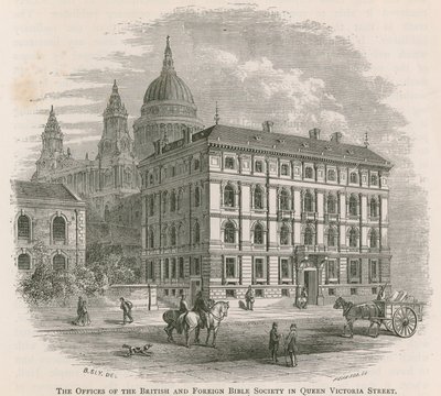 Det brittiska och utländska bibelsällskapets kontor på Queen Victoria Street, London av English School