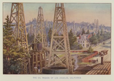 Oljeregionen i Los Angeles, Kalifornien (färg litho) av English School