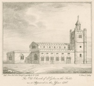 Den gamla kyrkan St Giles in the Fields, London, som den såg ut år 1718 av English School
