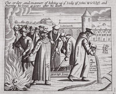 Ordningen och sättet att ta upp John Wickliffs kropp och bränna hans ben 44 år efter hans död, illustration från Acts and Monuments av John Foxe, nionde upplagan, pub. 1684 av English School